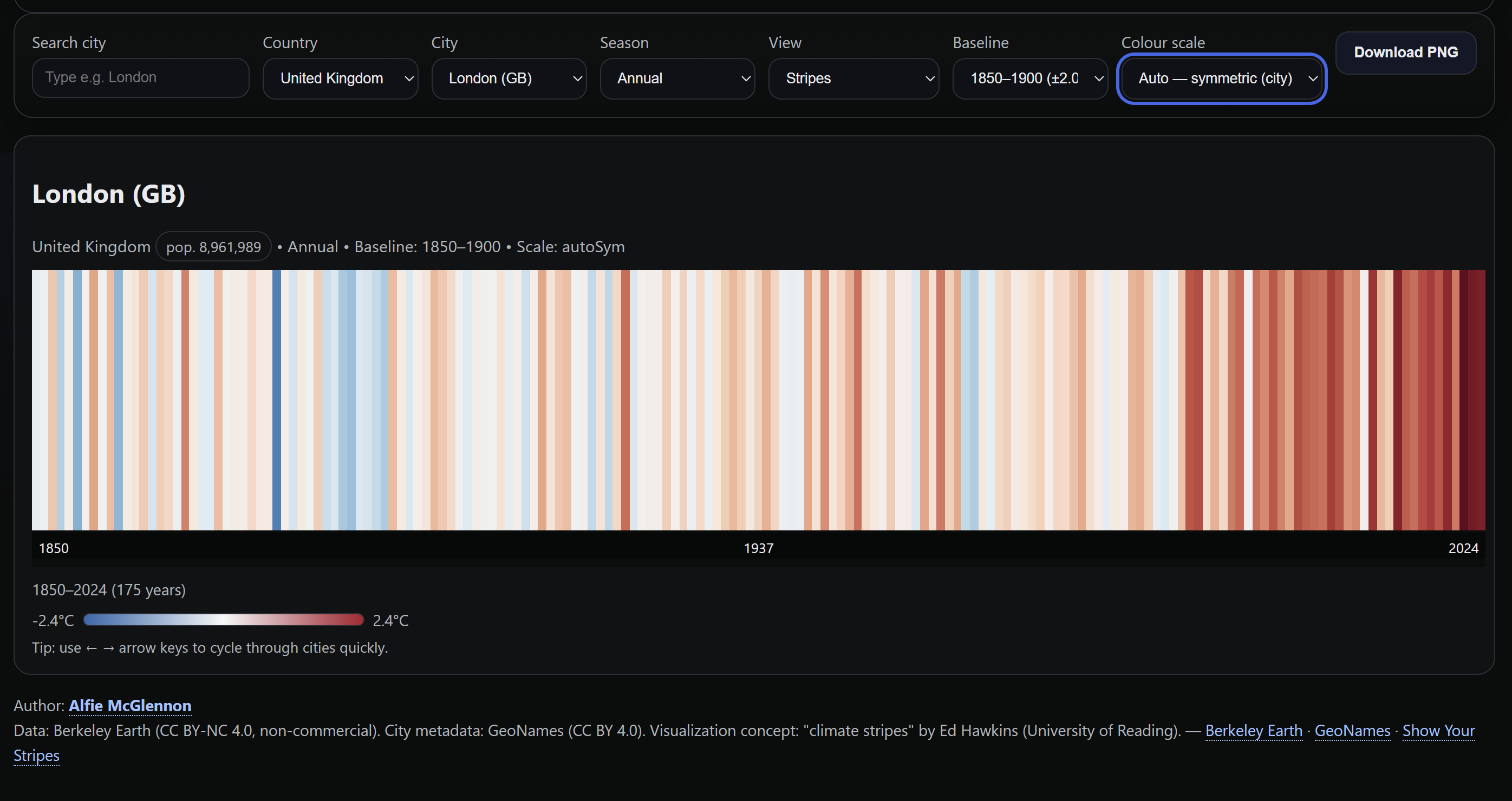 City Climate Stripes interface: London annual temperature anomalies, 1850 to 2024, baseline 1850 to 1900, auto-symmetric colour scale